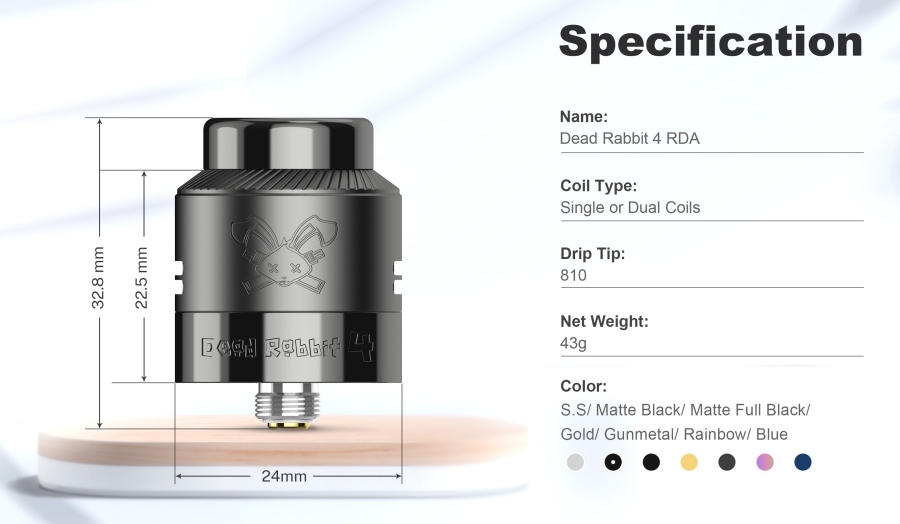 Hellvape Dead Rabbit 4 RDA - Specification and dimensions Hellvape Dead Rabbit 4 RDA - Specification and dimensions