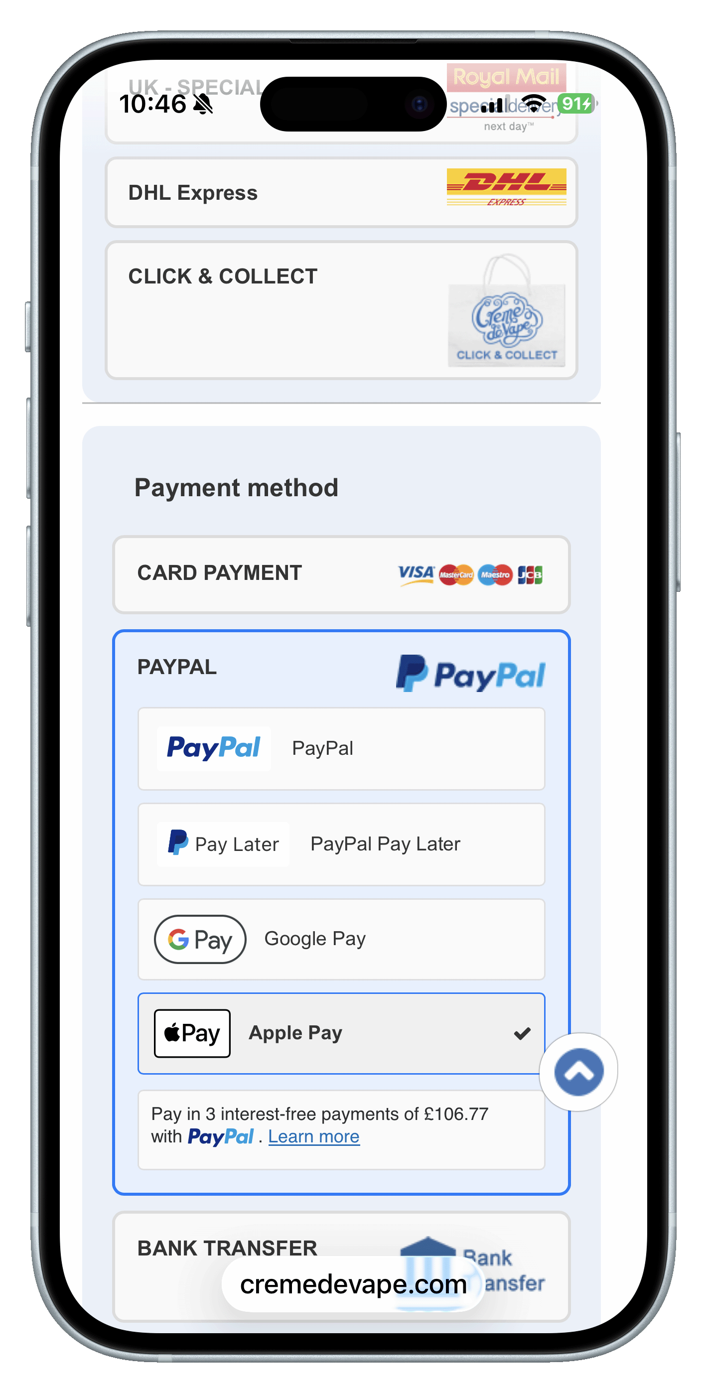 Payment options including Google Pay and Apple Pay