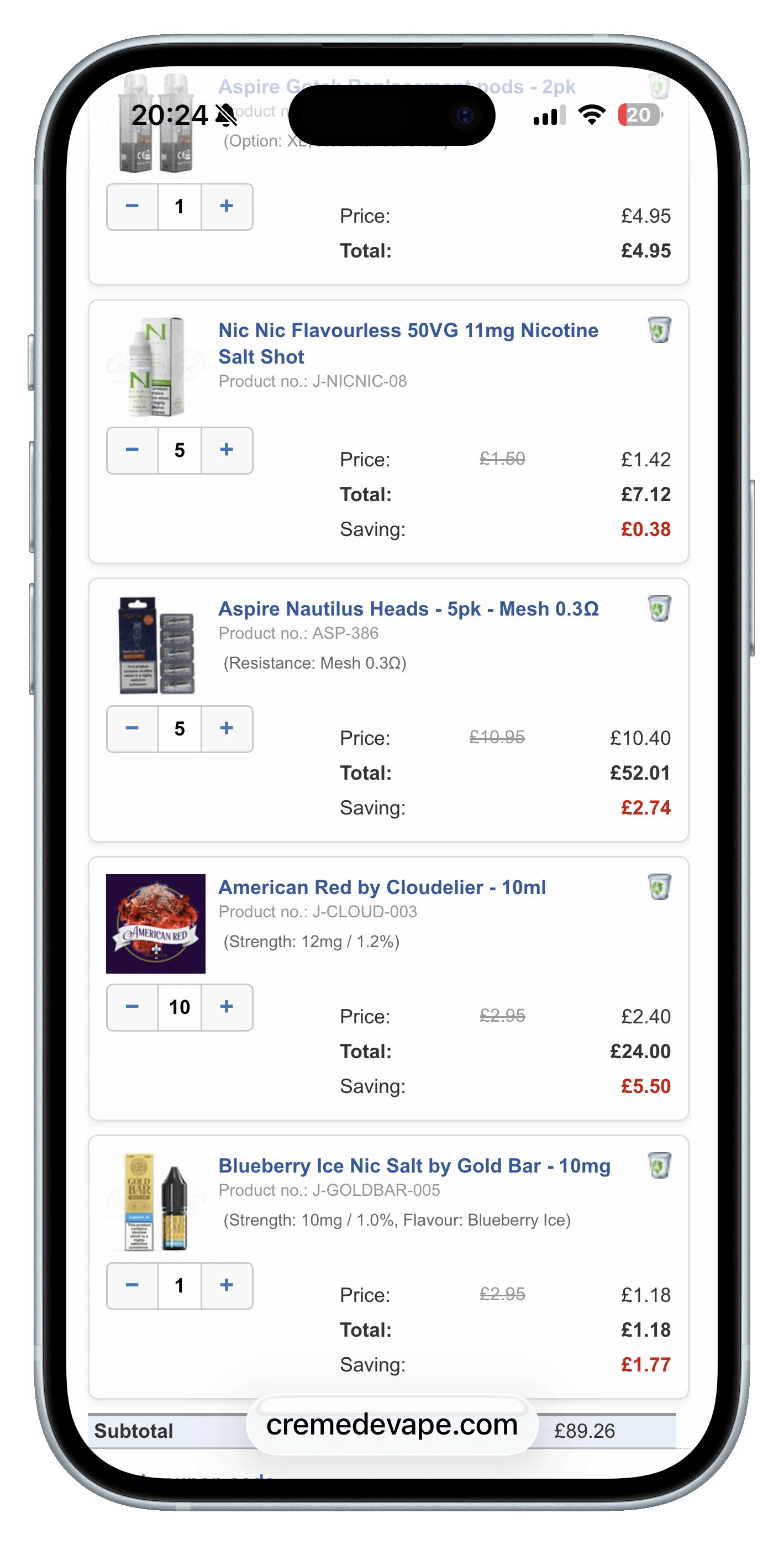 Bulk discounts shown per item in the basket