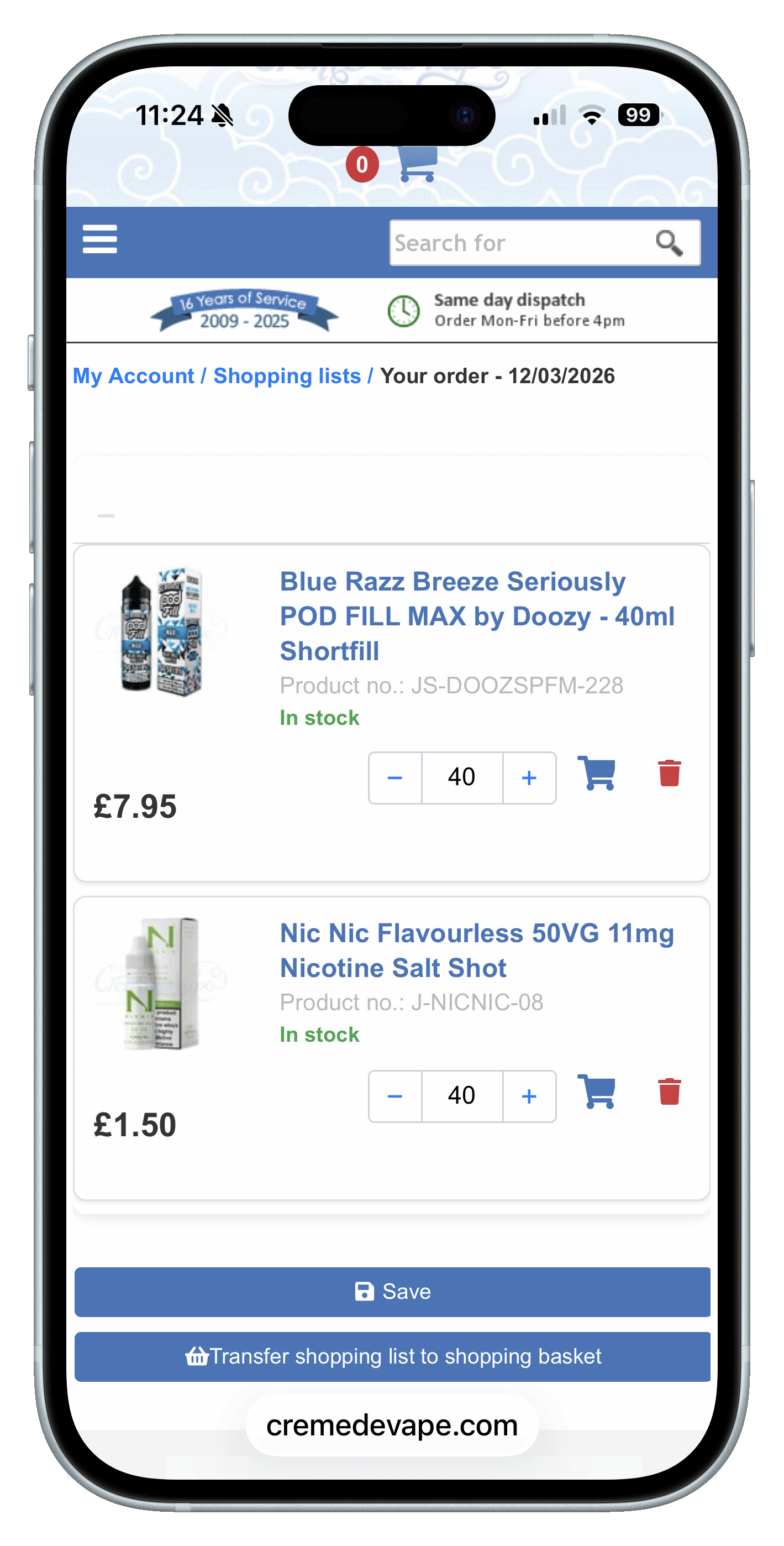 Shopping lists in My Account